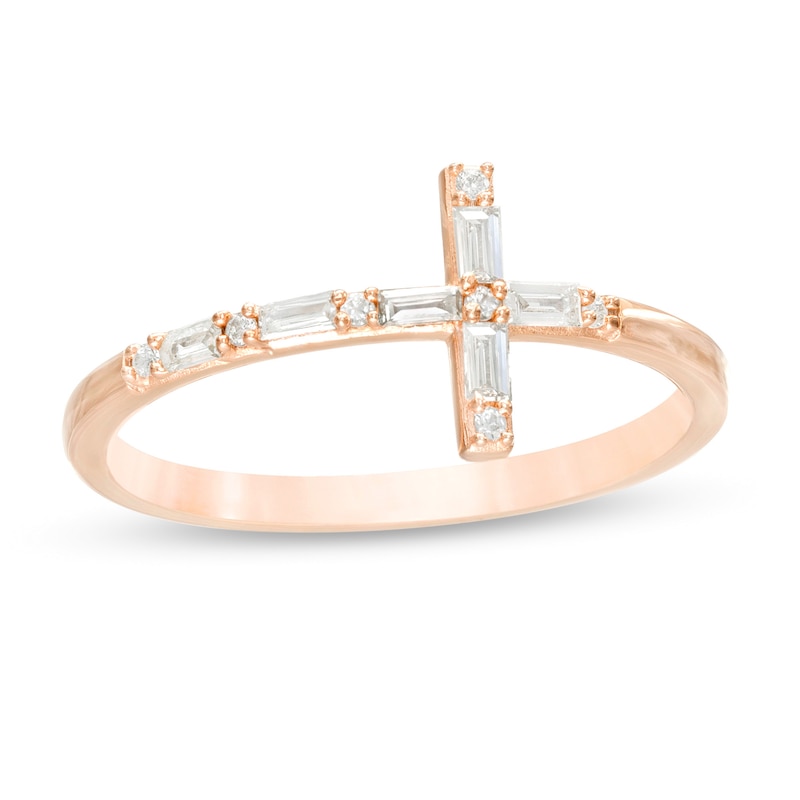 Main Image 1 of 1/6 CT. T.W. Baguette and Round Diamond Sideways Cross Ring in 10K Rose Gold