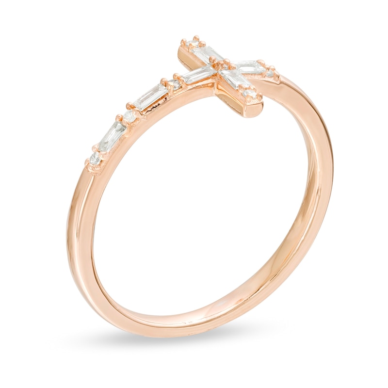Main Image 3 of 1/6 CT. T.W. Baguette and Round Diamond Sideways Cross Ring in 10K Rose Gold