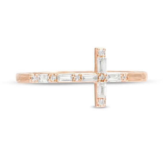 1/6 CT. T.w. Baguette and Round Diamond Sideways Cross Ring in 10K Rose Gold