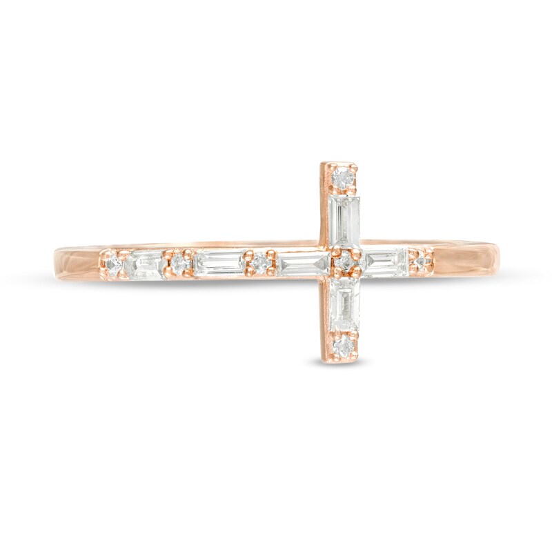 Main Image 4 of 1/6 CT. T.W. Baguette and Round Diamond Sideways Cross Ring in 10K Rose Gold