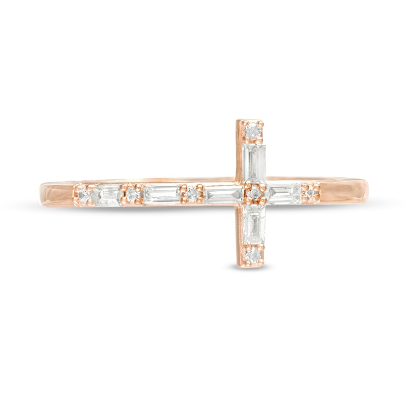 1/6 CT. T.W. Baguette and Round Diamond Sideways Cross Ring in 10K Rose Gold