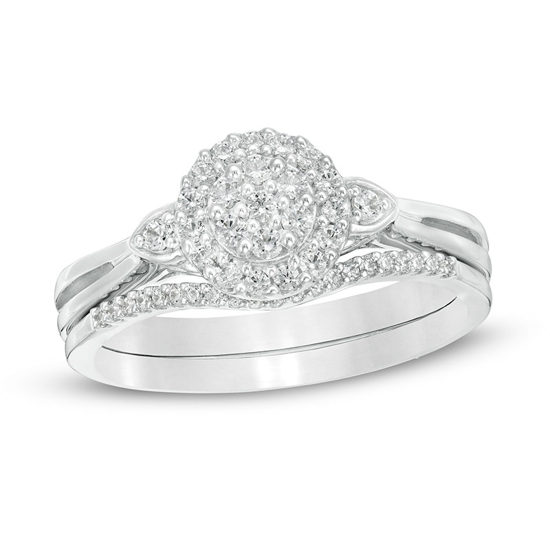 Main Image 1 of 1/4 CT. T.W. Composite Diamond Frame Leaf-Sides Split Shank Bridal Set in Sterling Silver