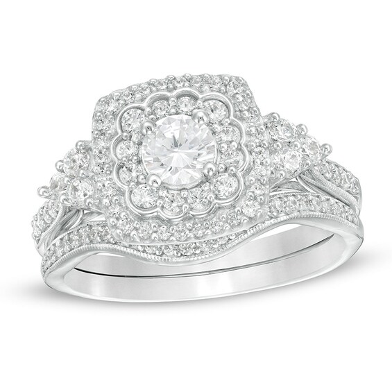 1 CT. T.w. Diamond Cushion Frame Tri-Sides Vintage-Style Bridal Set in 10K White Gold