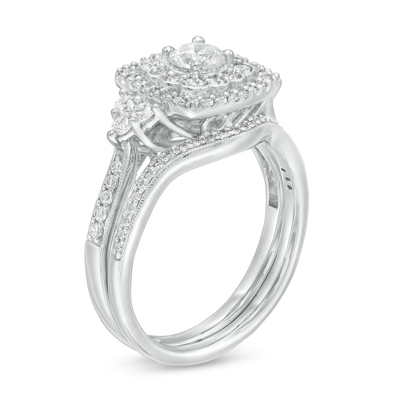 Main Image 3 of 1 CT. T.W. Diamond Cushion Frame Tri-Sides Vintage-Style Bridal Set in 10K White Gold
