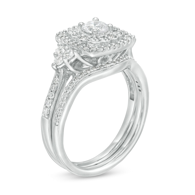 1 CT. T.W. Diamond Cushion Frame Tri-Sides Vintage-Style Bridal Set in 10K White Gold