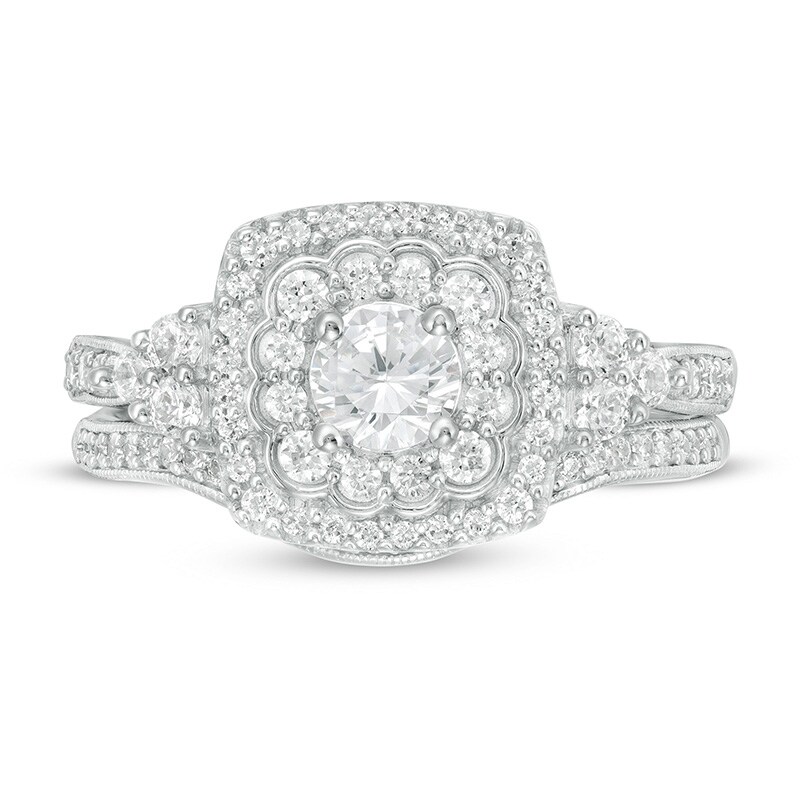Main Image 4 of 1 CT. T.W. Diamond Cushion Frame Tri-Sides Vintage-Style Bridal Set in 10K White Gold