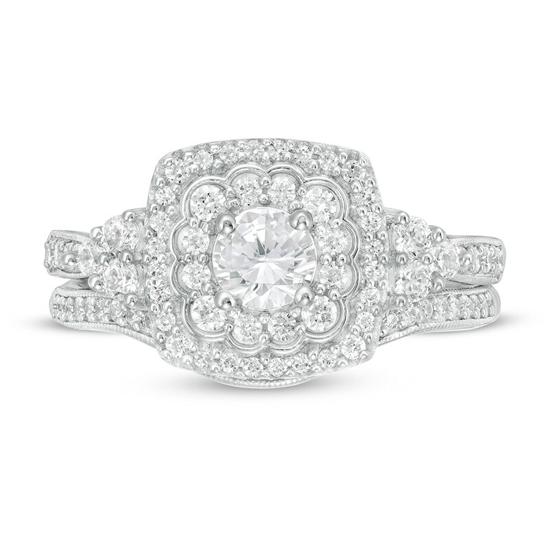 1 CT. T.W. Diamond Cushion Frame Tri-Sides Vintage-Style Bridal Set in 10K White Gold