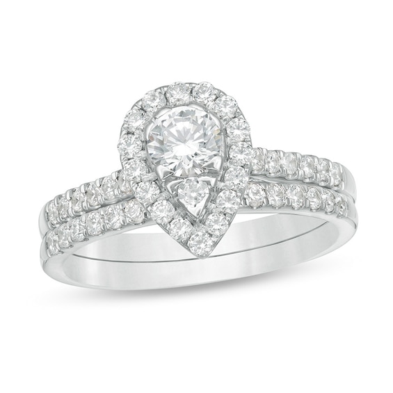 1 CT. T.w. Pear-Shaped Multi-Diamond Frame Bridal Set in 10K White Gold