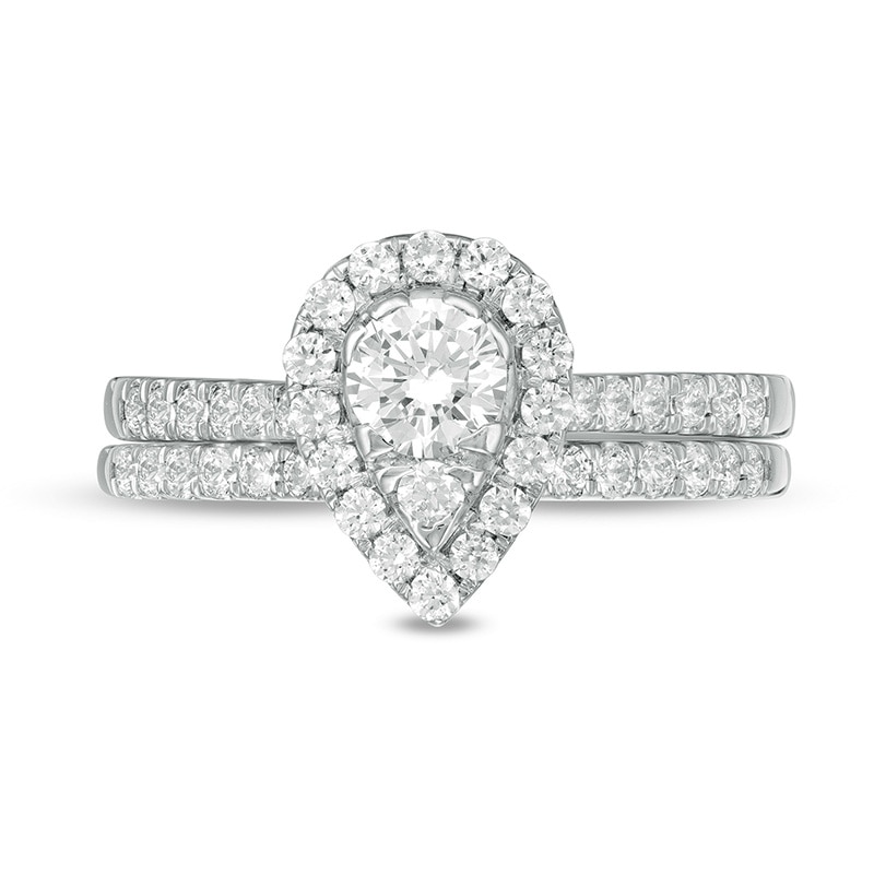 1 CT. T.W. Pear-Shaped Multi-Diamond Frame Bridal Set in 10K White Gold