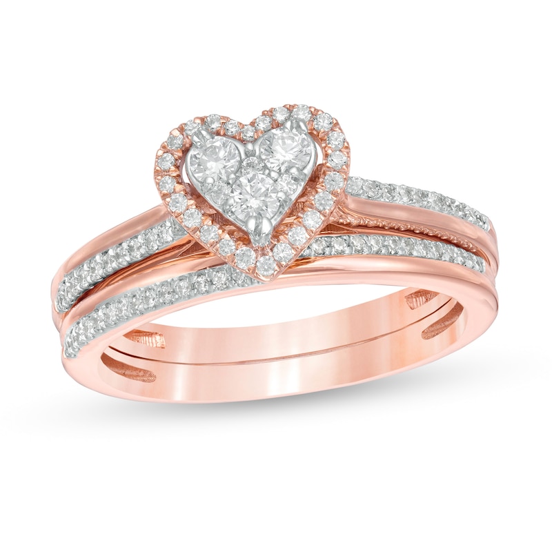 Main Image 1 of 1/2 CT. T.W. Composite Diamond Heart-Shaped Frame Bridal Set in 10K Rose Gold