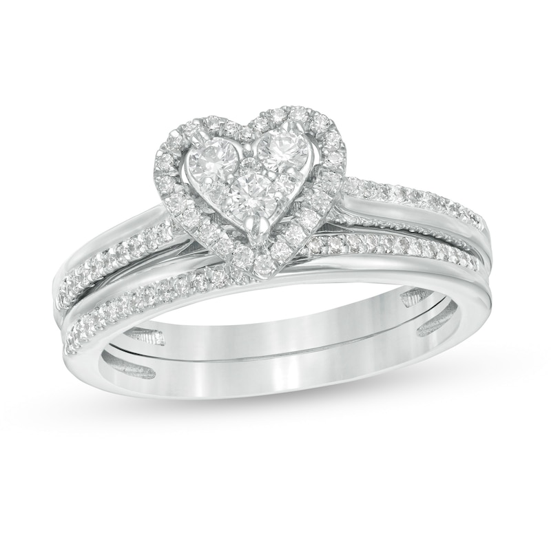 Main Image 1 of 1/2 CT. T.W. Composite Diamond Heart-Shaped Frame Bridal Set in 10K White Gold