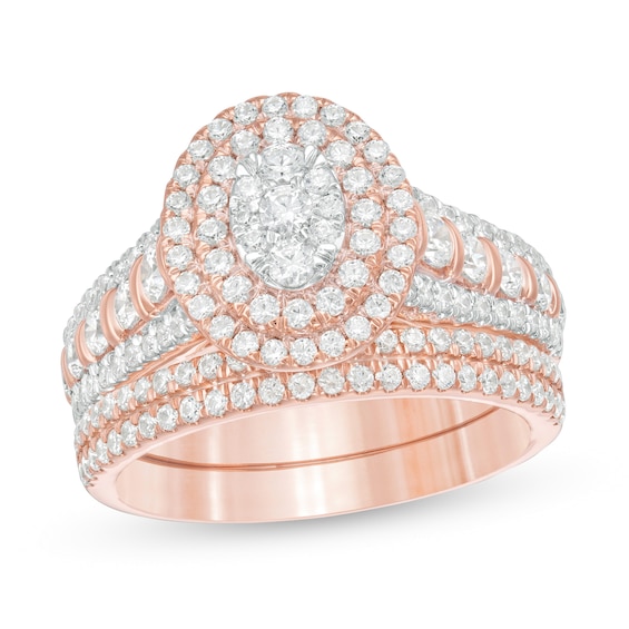 1-1/2 CT. T.w. Composite Diamond Double Oval Frame Multi-Row Bridal Set in 10K Rose Gold