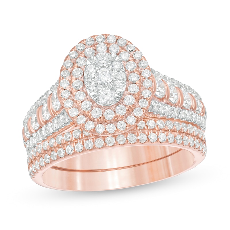 Main Image 1 of 1-1/2 CT. T.W. Composite Diamond Double Oval Frame Multi-Row Bridal Set in 10K Rose Gold