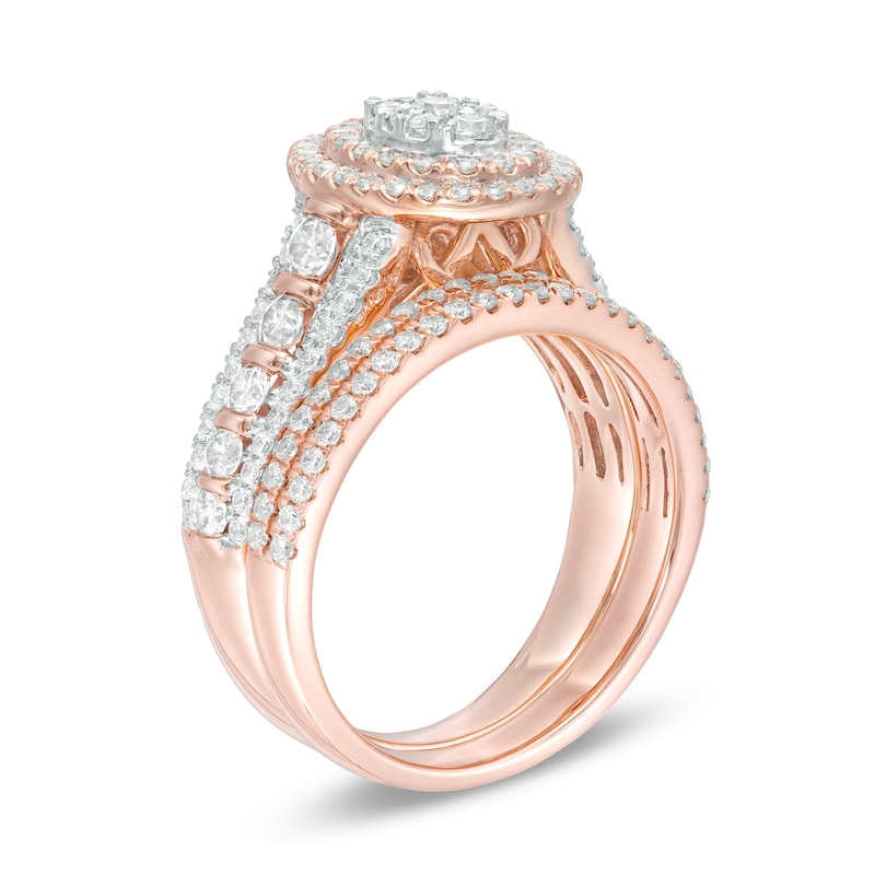 Main Image 3 of 1-1/2 CT. T.W. Composite Diamond Double Oval Frame Multi-Row Bridal Set in 10K Rose Gold