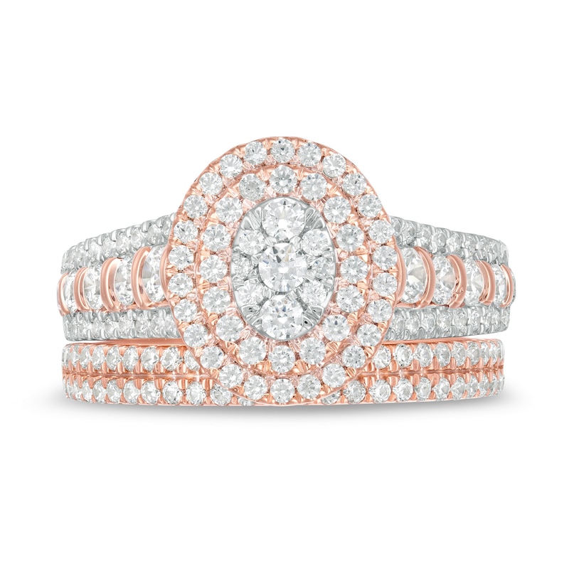 Main Image 4 of 1-1/2 CT. T.W. Composite Diamond Double Oval Frame Multi-Row Bridal Set in 10K Rose Gold