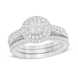 1 CT. T.W. Composite Diamond Double Frame Vintage-Style Three Piece Bridal Set in 10K White Gold
