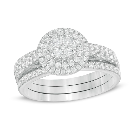 1 CT. T.w. Composite Diamond Double Frame Vintage-Style Three Piece Bridal Set in 10K White Gold