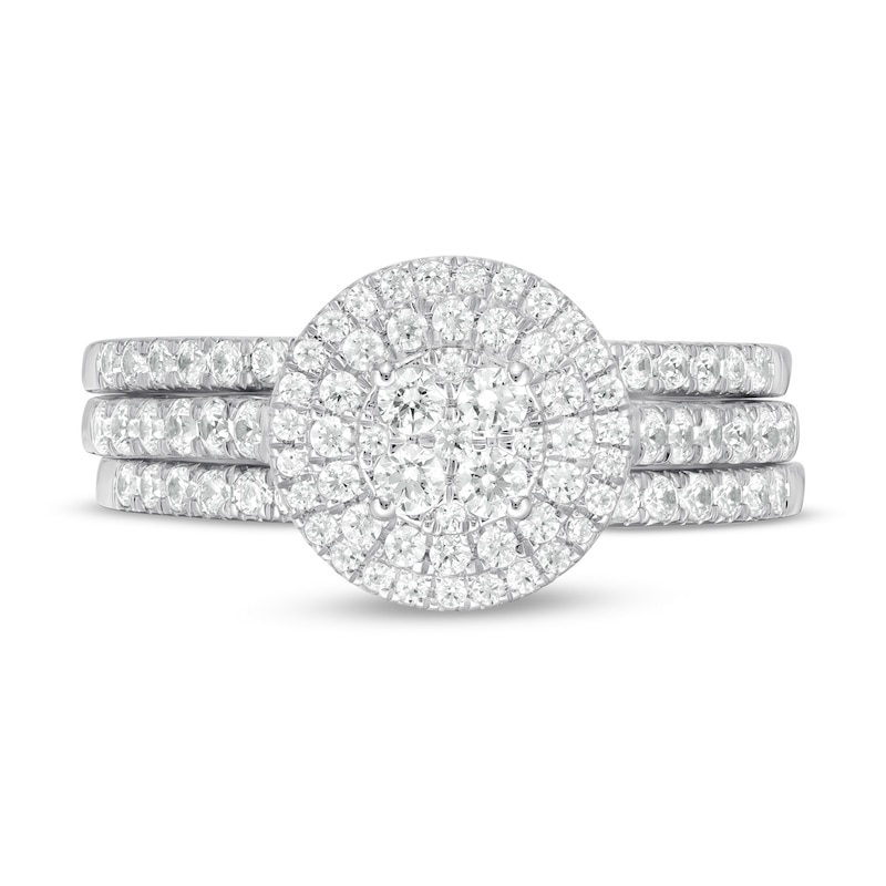 Main Image 4 of 1 CT. T.W. Composite Diamond Double Frame Vintage-Style Three Piece Bridal Set in 10K White Gold