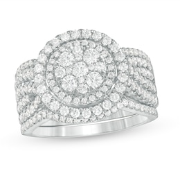 1-1/2 CT. T.W. Composite Diamond Double Frame Multi-Row Three Piece Bridal Set in 10K White Gold