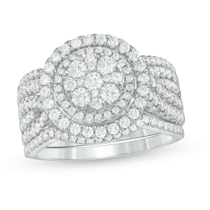 1-1/2 CT. T.W. Composite Diamond Double Frame Multi-Row Three Piece Bridal Set in 10K White Gold
