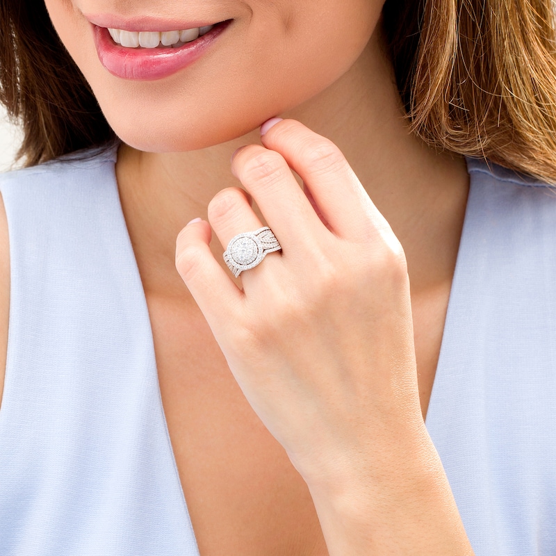 1-1/2 CT. T.W. Composite Diamond Double Frame Multi-Row Three Piece Bridal Set in 10K White Gold