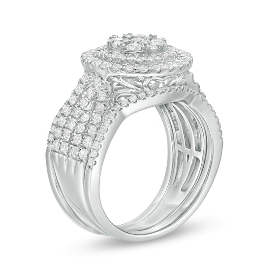 1-1/2 CT. T.w. Composite Diamond Double Frame Multi-Row Three Piece Bridal Set in 10K White Gold