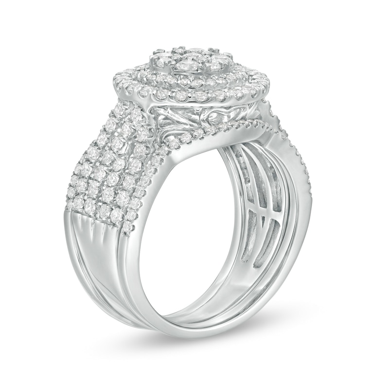 1-1/2 CT. T.W. Composite Diamond Double Frame Multi-Row Three Piece Bridal Set in 10K White Gold