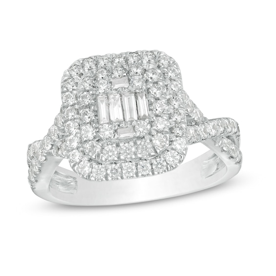 1 CT. T.w. Composite Diamond Double Cushion Frame Twist Shank Engagement Ring in 10K White Gold