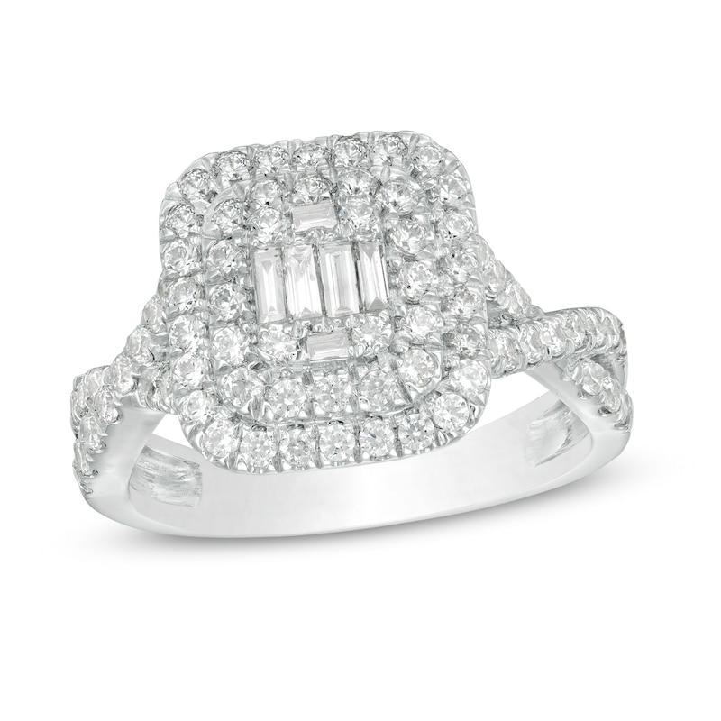 1 CT. T.W. Composite Diamond Double Cushion Frame Twist Shank Engagement Ring in 10K White Gold