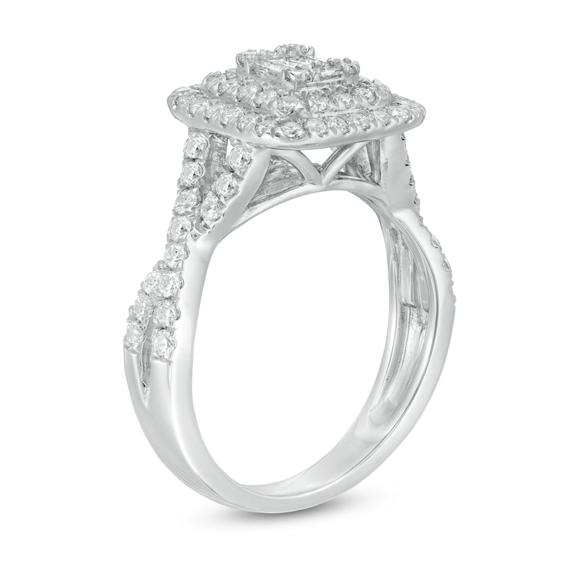 1 CT. T.W. Composite Diamond Double Cushion Frame Twist Shank Engagement Ring in 10K White Gold