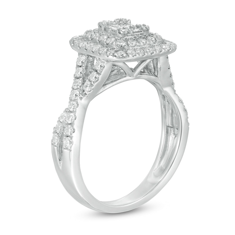 Main Image 3 of 1 CT. T.W. Composite Diamond Double Cushion Frame Twist Shank Engagement Ring in 10K White Gold
