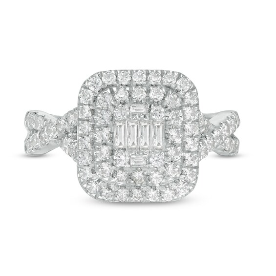 1 CT. T.w. Composite Diamond Double Cushion Frame Twist Shank Engagement Ring in 10K White Gold
