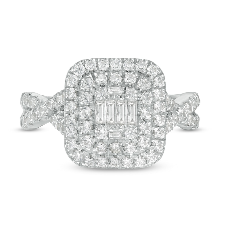 Main Image 4 of 1 CT. T.W. Composite Diamond Double Cushion Frame Twist Shank Engagement Ring in 10K White Gold