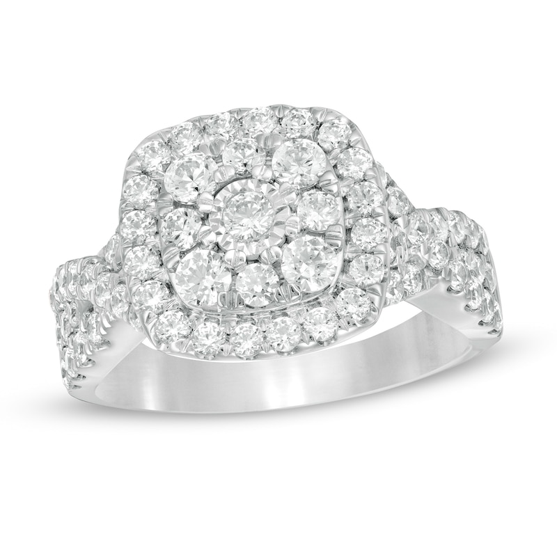 Main Image 1 of 1-5/8 CT. T.W. Diamond Double Cushion Frame Twist Shank Engagement Ring in 10K White Gold