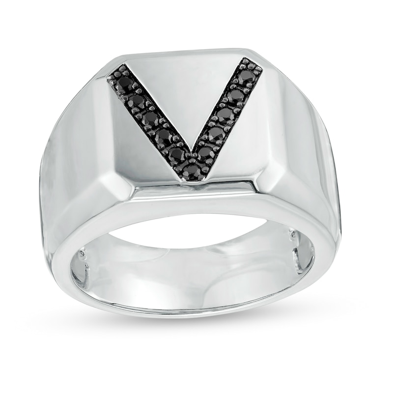 Main Image 1 of Vera Wang Men 1/5 CT. T.W. Black Diamond "V" Bevelled Edge Signet Ring in Sterling Silver