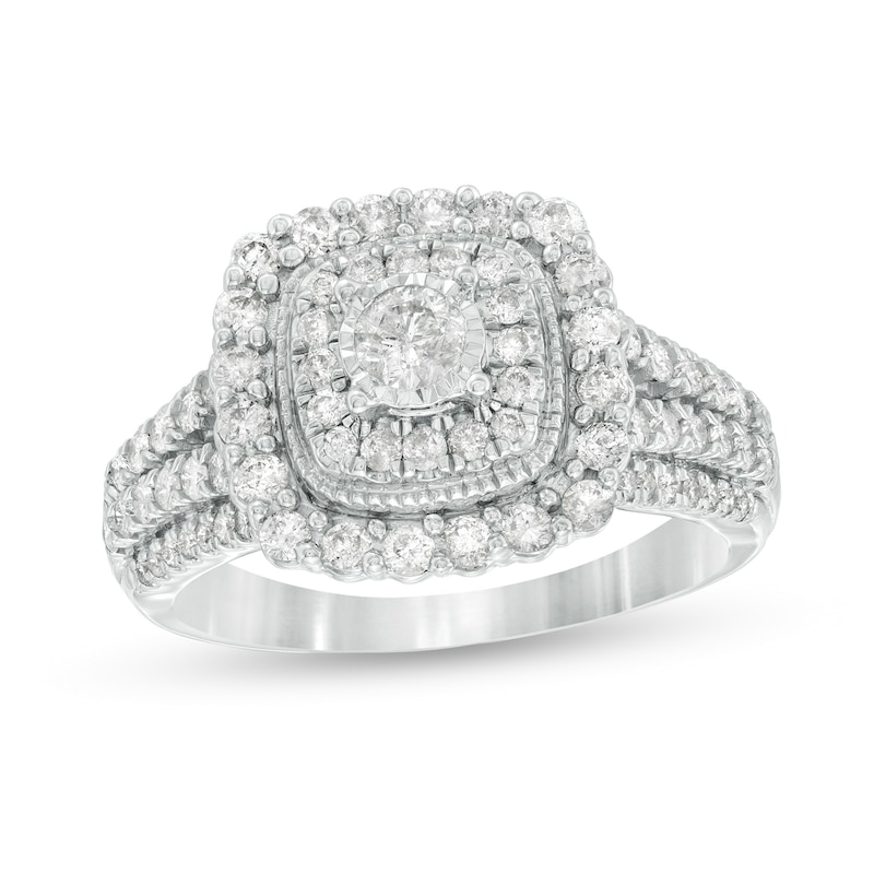 1 CT. T.W. Diamond Double Cushion Frame Vintage-Style Engagement Ring in 10K White Gold