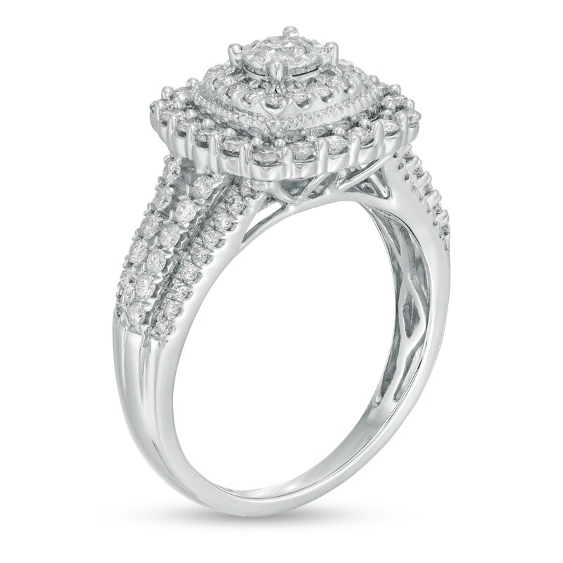 1 CT. T.W. Diamond Double Cushion Frame Vintage-Style Engagement Ring in 10K White Gold