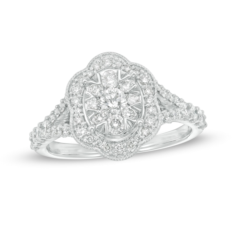 Main Image 1 of 1 CT. T.W. Diamond Oval Scallop Frame Split Shank Vintage-Style Engagement Ring in 14K White Gold