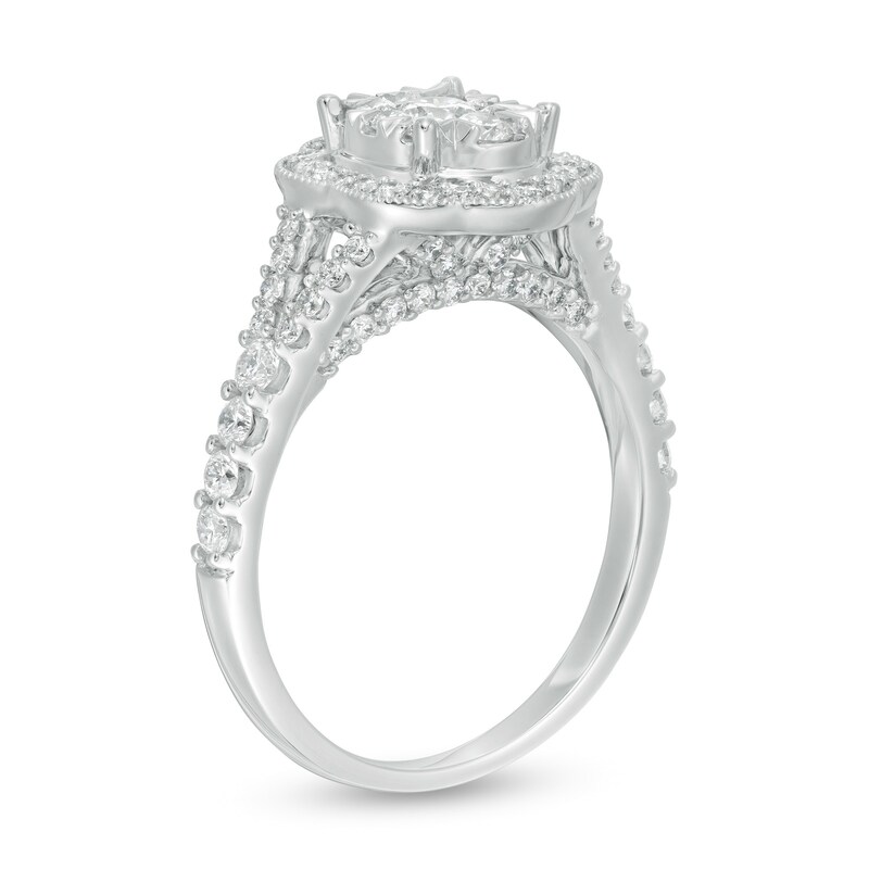 Main Image 3 of 1 CT. T.W. Diamond Oval Scallop Frame Split Shank Vintage-Style Engagement Ring in 14K White Gold