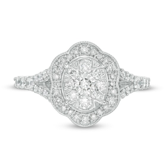 1 CT. T.w. Diamond Oval Scallop Frame Split Shank Vintage-Style Engagement Ring in 14K White Gold