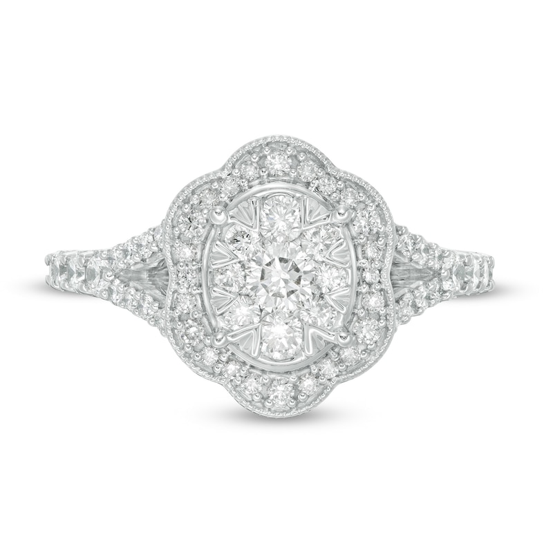 Main Image 4 of 1 CT. T.W. Diamond Oval Scallop Frame Split Shank Vintage-Style Engagement Ring in 14K White Gold