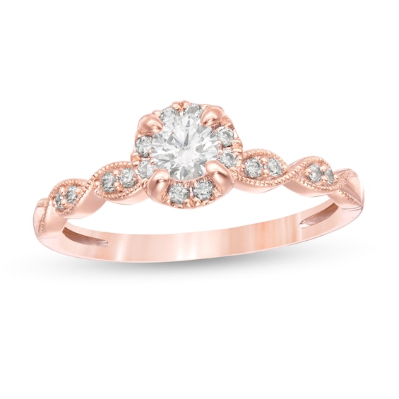 1/2 CT. T.w. Diamond Frame Scallop-Edge Vintage-Style Engagement Ring in 14K Rose Gold