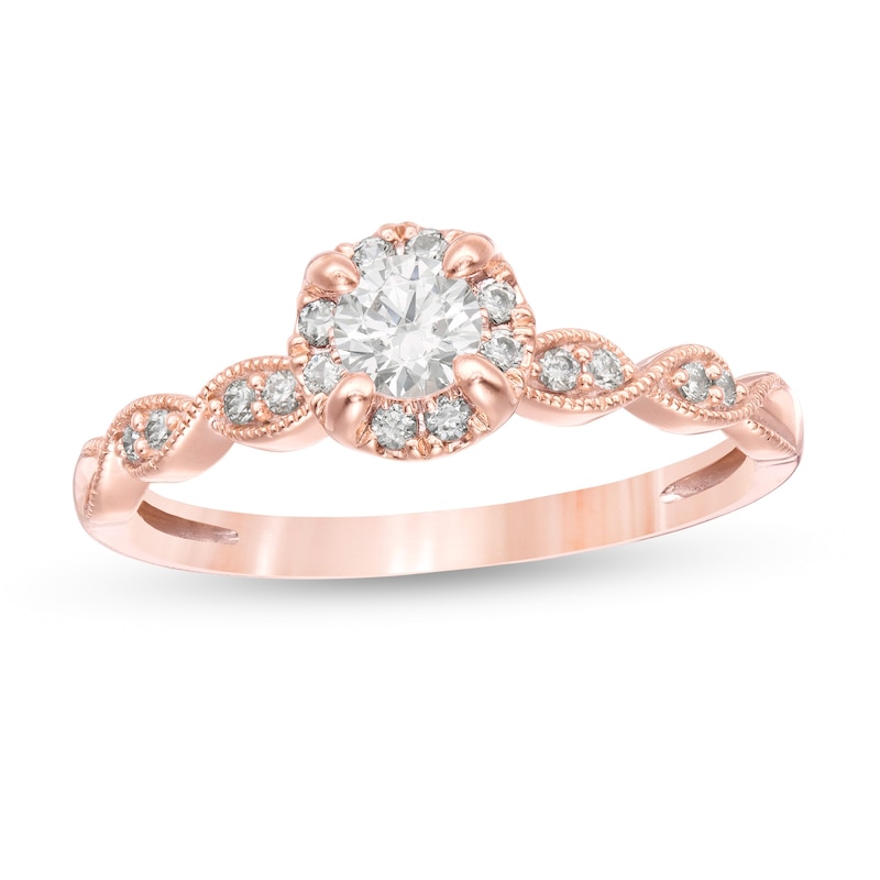 Main Image 1 of 1/2 CT. T.W. Diamond Frame Scallop-Edge Vintage-Style Engagement Ring in 14K Rose Gold