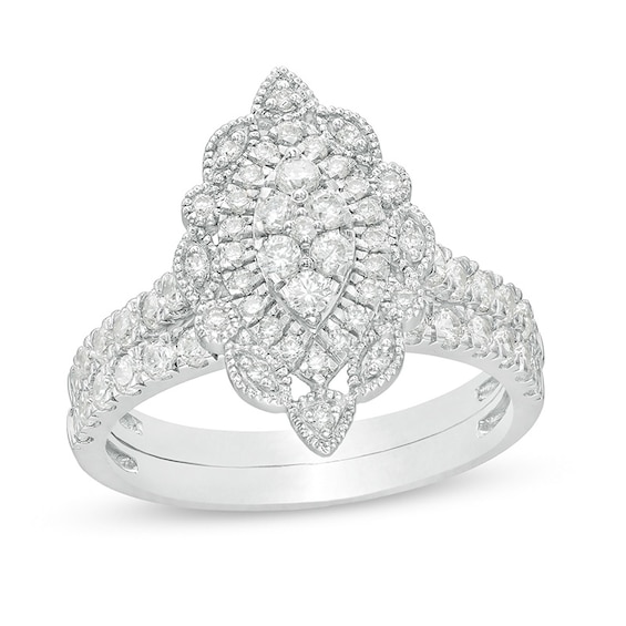 1 CT. T.w. Multi-Diamond Scallop Marquise Frame Vintage-Style Bridal Set in 10K White Gold