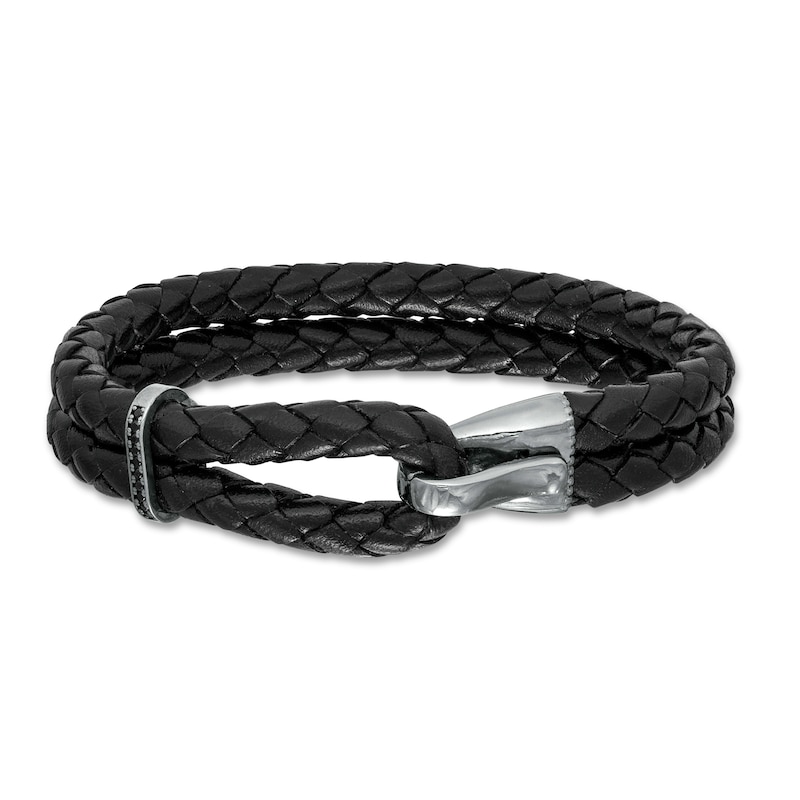 Main Image 1 of Vera Wang Men 1/10 CT. T.W. Black Diamond Braided Leather Bracelet in Sterling Silver with Black Rhodium - 8.5"