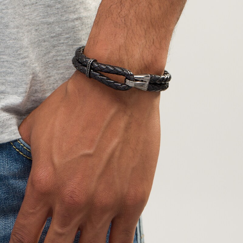 Main Image 2 of Vera Wang Men 1/10 CT. T.W. Black Diamond Braided Leather Bracelet in Sterling Silver with Black Rhodium - 8.5"