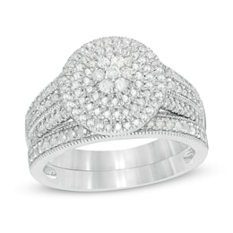 3/4 CT. T.W. Multi-Diamond Triple Frame Vintage-Style Multi-Row Bridal Set in 10K White Gold