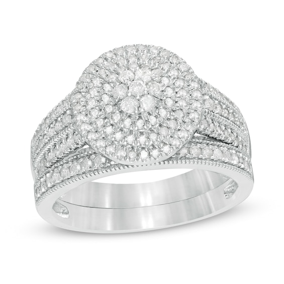 3/4 CT. T.w. Multi-Diamond Triple Frame Vintage-Style Multi-Row Bridal Set in 10K White Gold
