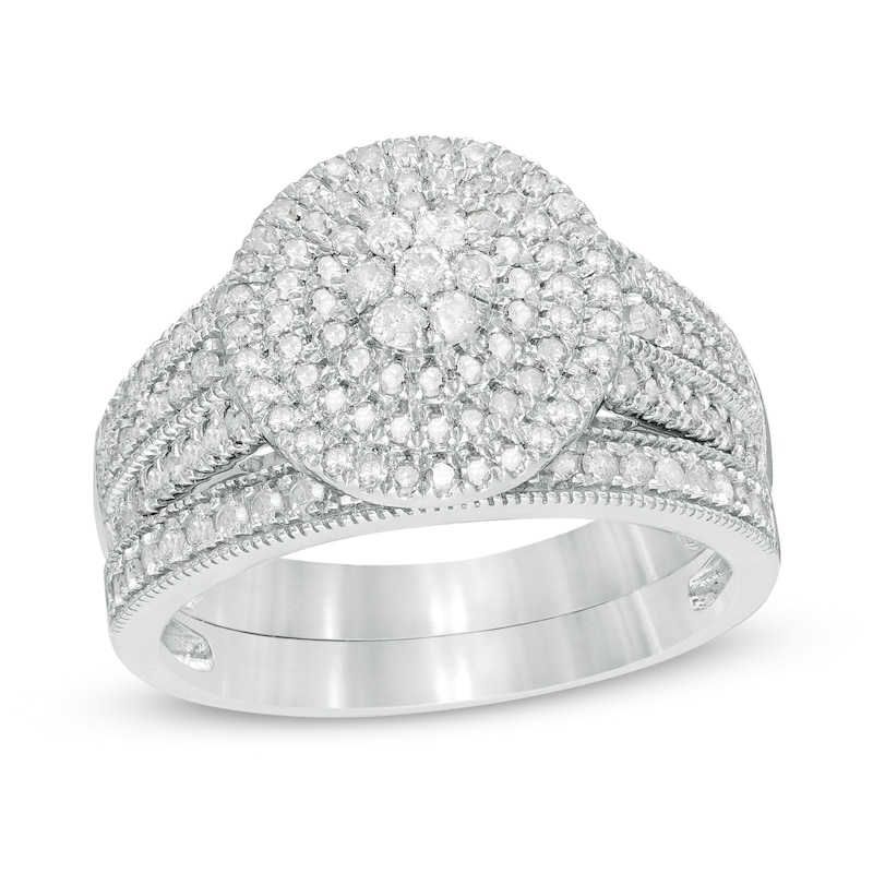 Main Image 1 of 3/4 CT. T.W. Multi-Diamond Triple Frame Vintage-Style Multi-Row Bridal Set in 10K White Gold