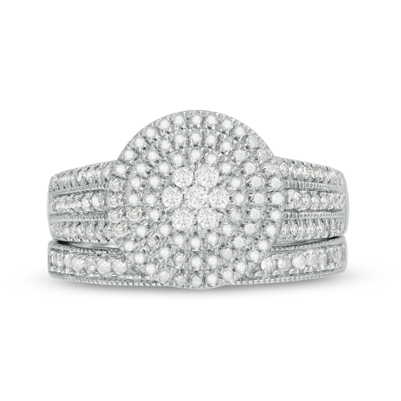 Main Image 4 of 3/4 CT. T.W. Multi-Diamond Triple Frame Vintage-Style Multi-Row Bridal Set in 10K White Gold